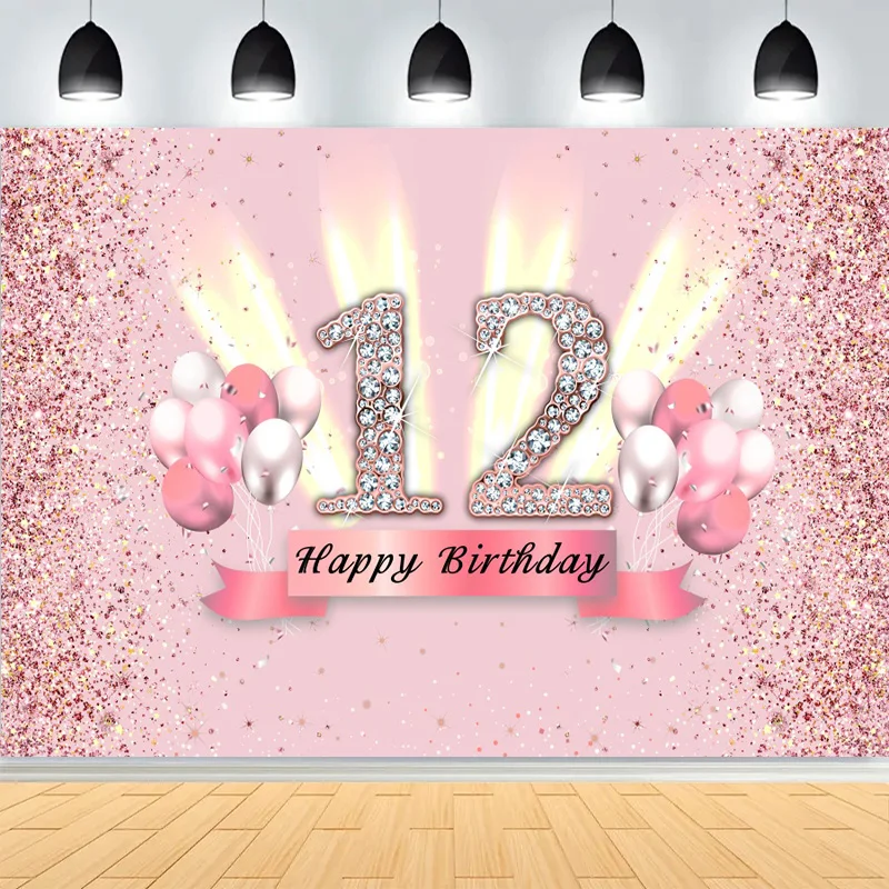 

Happy 12 Birthday Girl Bat Mitzvah Photography Backdrops 12th Old Party Star Moon Glitter Photo Studio Background JKD-01