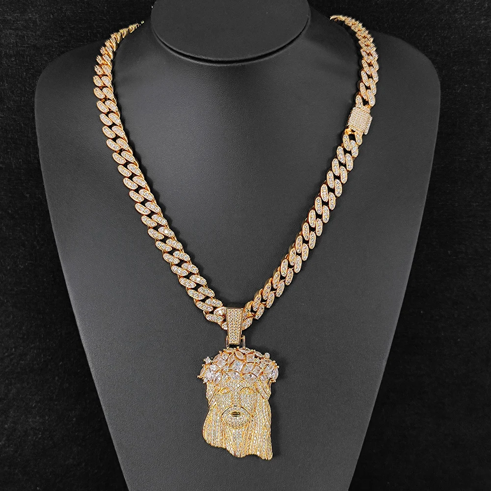 

HHIOK Hip Hop Style Fashionable Jesus Pendant with 12mm Cuban Chain Iced 5A Cubic Zirconia Shining Pendant Jewelry Necklace