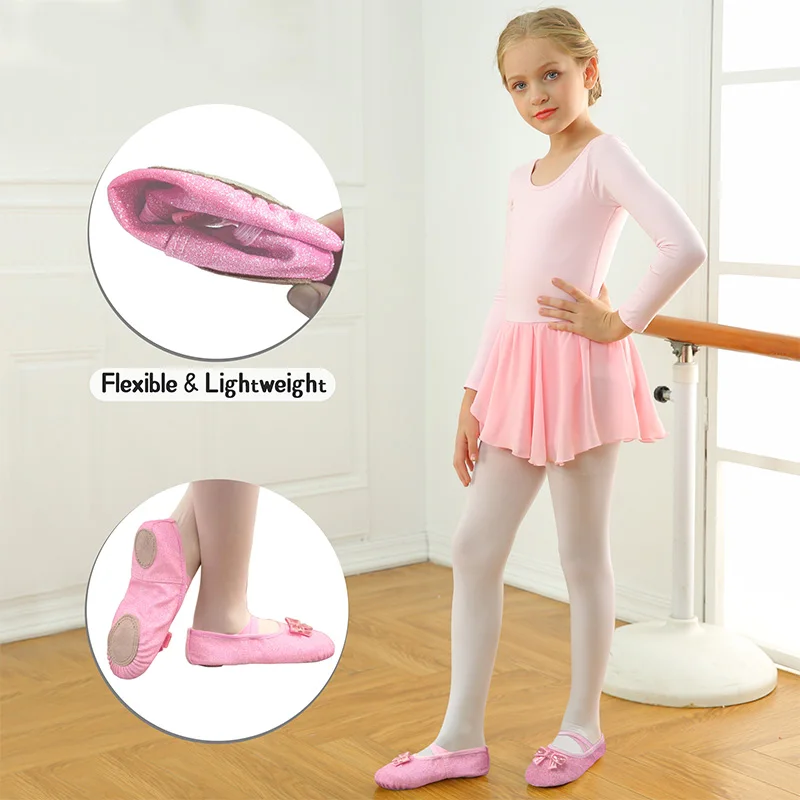 여자 반짝 이는 가죽 발레 신발 여자 유아 발레 댄스 연습을위한 분할 단독 노 타이 댄스 슬리퍼