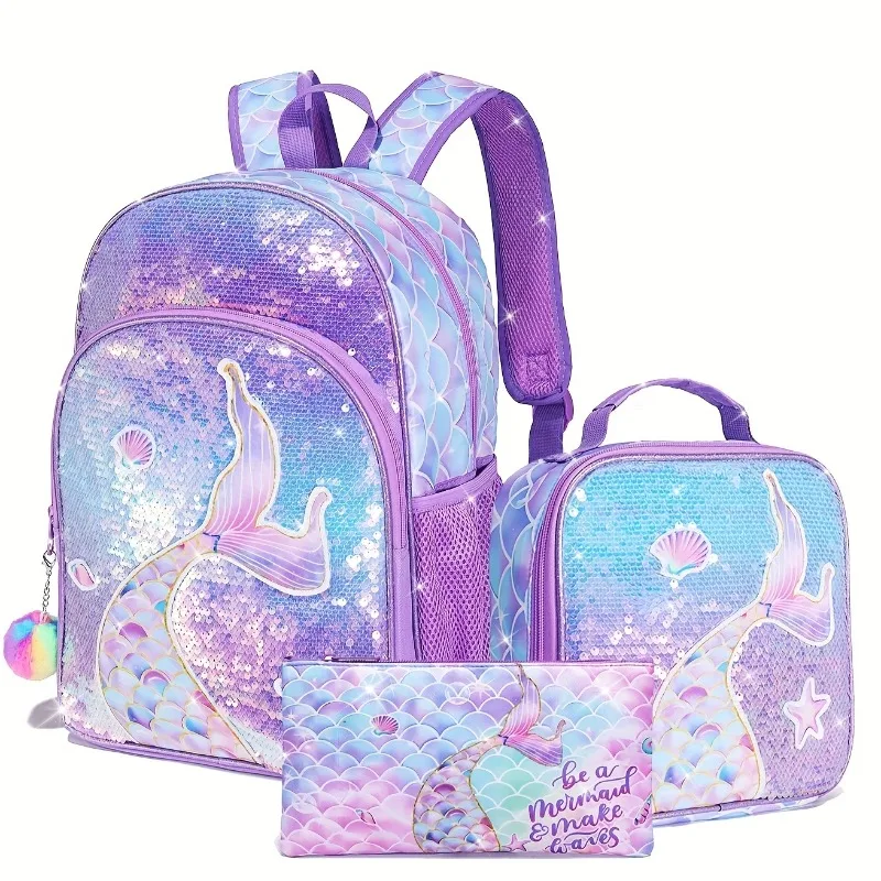 

3pcs/set Mermaid Backpack Glitter Cartoon Cute Double Shoulder School Bag Lightweight Polyester & Adjustable Straps