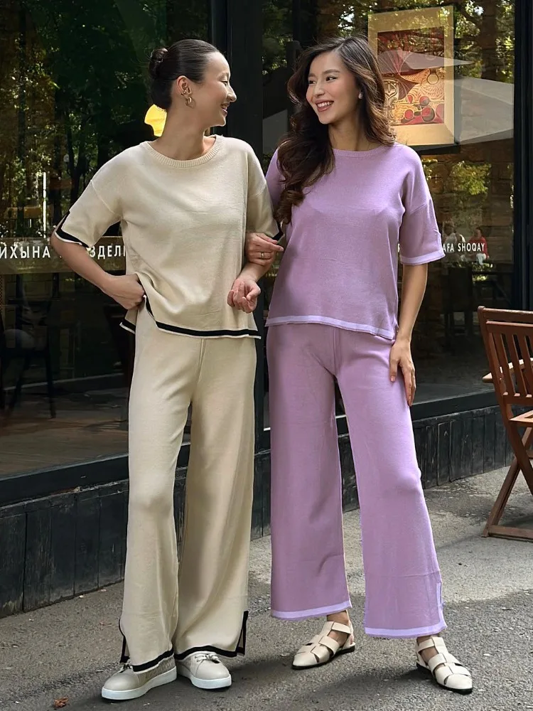 

Tossy Contrast Knit Trousers Outfits Female Split Fashion Loose Short Sleeve And High Waist Trousers Knitwear Women's Pants Sets