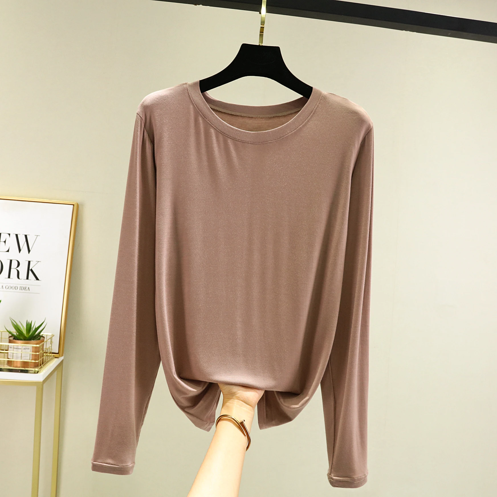 Loose Fit Long Sleeve Modal Base Shirt Thin round Neck Spring Autumn Summer Air Conditioned Top Outerwear T-Shirt Korean Style