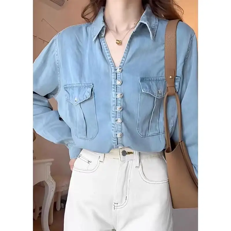 French Blue Retro Shirt Denim Jacket New Shirt Long Sleeves Women\'s Oversize Korean Reviews Many Clothes Autumn 2024 Ladies Y2k