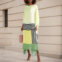 Loose Crew Neck Simple Printed Ladies Dress Retro Women Slash Neck Striped Long Dress Long Batwing Sleeve Patchwork Dresses