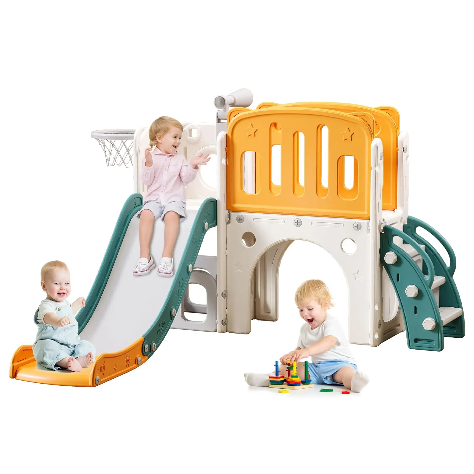 8 in 1 Toddler Slide for Toddlers Age1-3,Extra-Long Slide with Basketball Hoop Indoor and Outdoor Baby Climber Playset