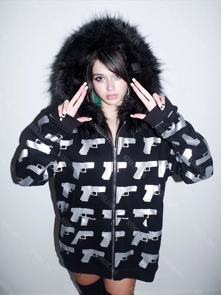 

Женская толстовка с капюшоном в стиле Y2K Rock Punk Hip Hop, американский ретро-стиль, осень-зима, с меховым воротником, уличная мода, эмо-стиль, куртки для девушек