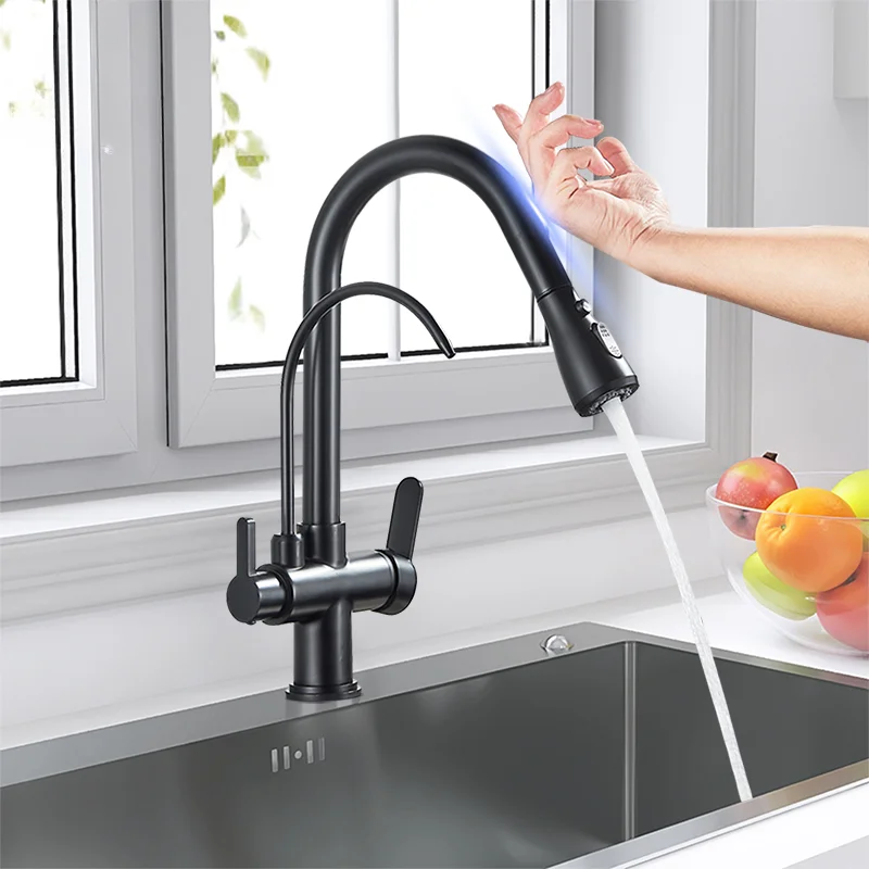 Black Touch Kitchen Faucet with Pure Water Function Dual Handle Tap Deck Mounted 360 Rotation Pull Out Hot Cold Mixer Taps