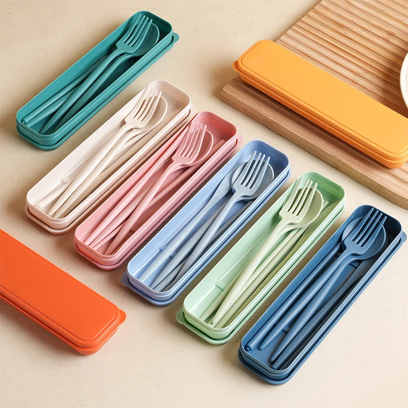 Portable Cutlery Set With Fork Spoon Knife Box Chopsticks Wheat Straw Cutlery Picnic Cutlery 4-Piece Travel Cutlery