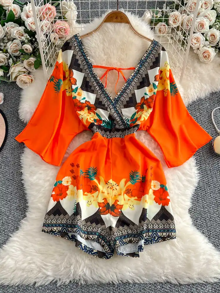 Women White Striped Jumpsuits 90s Vintage Print Shorts Playsuits Rompers Ladies Sexy V-Neck Overalls Fashion Clothes 2025 Summer
