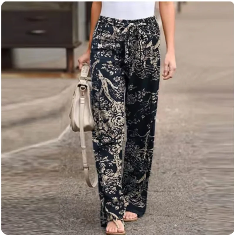 Women\'s Vintage Casual Printed Art Pants Pocket Strap Straight Leg Loose Comfortable Pants