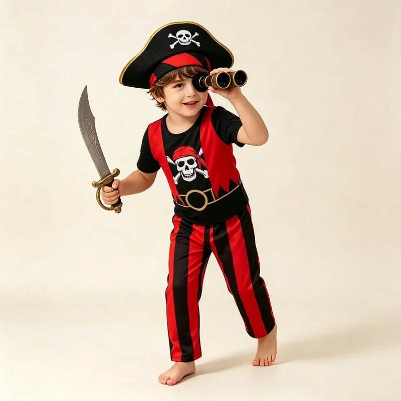 Jungen Piratenkostüm-Set Kurzarm-Oberteil Lange Gestreifte Hose Halloween Trick-Or-Treat Geburtstags-Party-Outfit – Detail 11