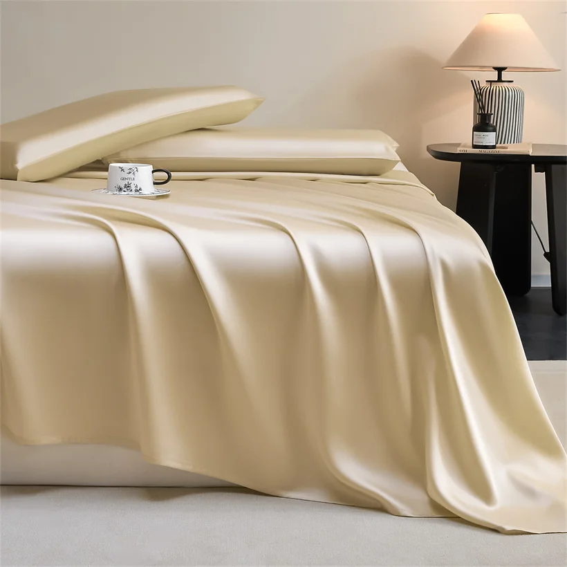 100% Silk Bedding Sheet Set, Pure Mulberry Silk Bed Sheets Set, Luxury Smooth Fitted Sheet Flat Top Sheet Pillowcase Queen King