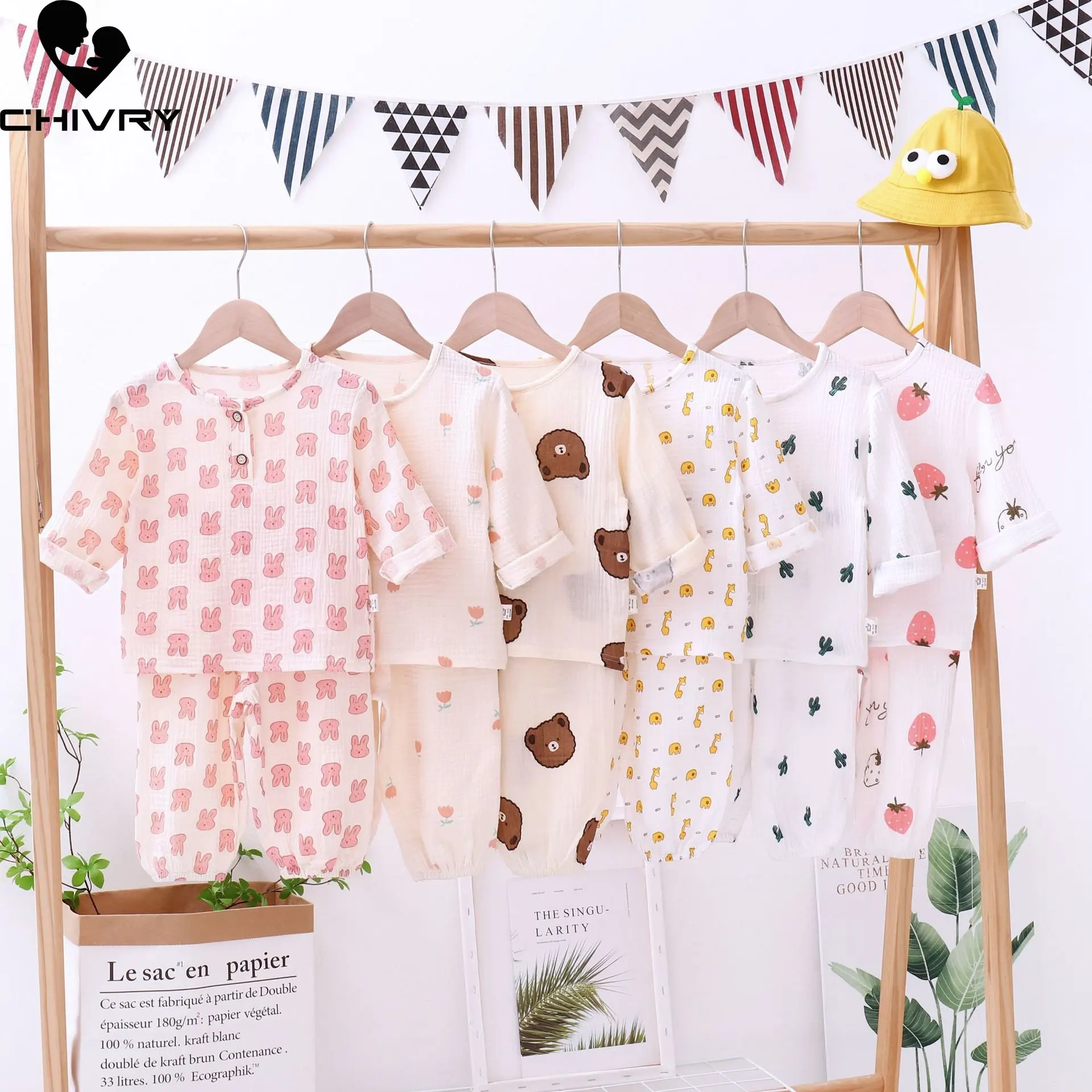 

Kids Boys Girls Pajamas 2023 Summer Cotton Yarn Thin Cartoon Print Three-quarter Sleeve Tops with Pants Baby Sleeping Homewear