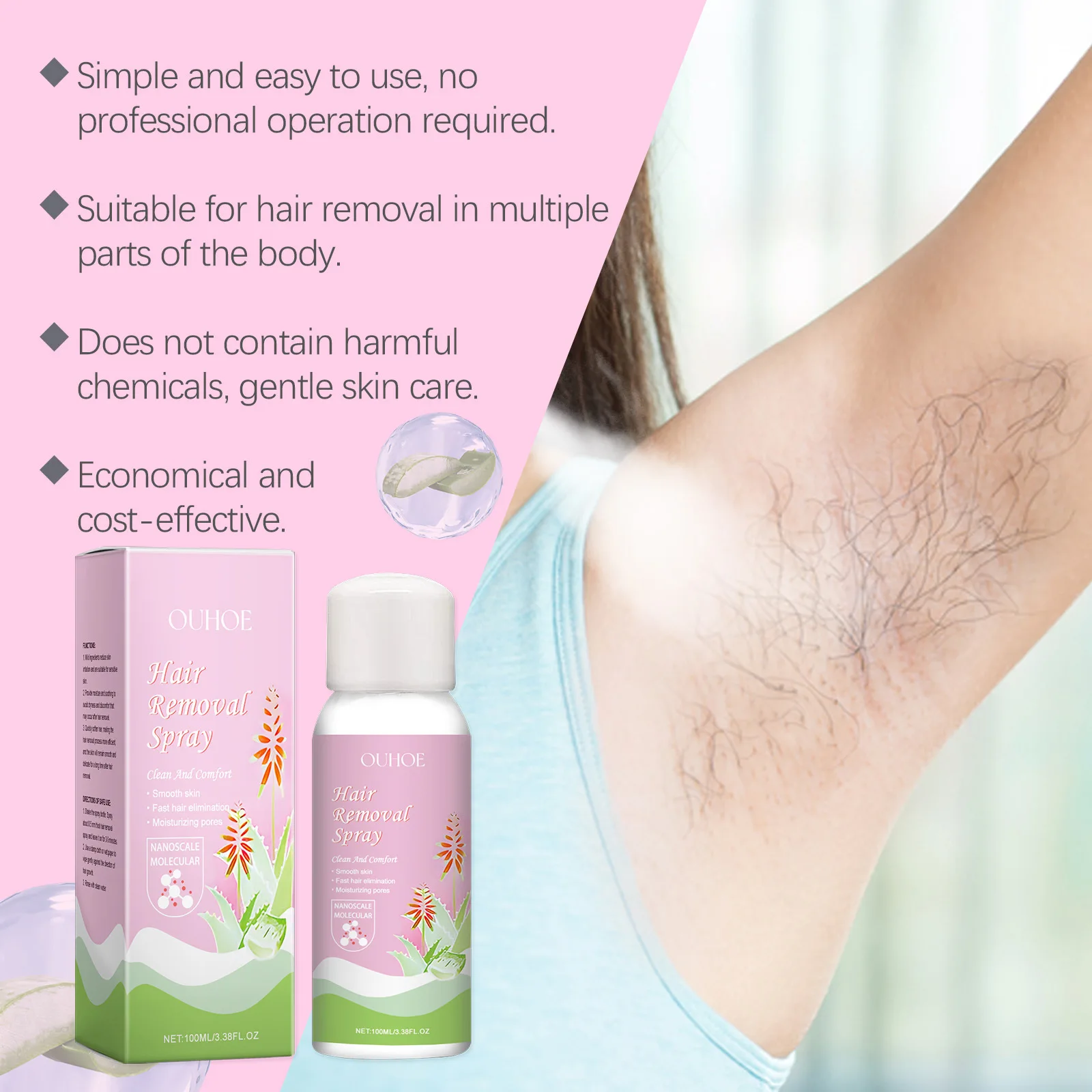 OUHOE Gentle Hair Removal Mousse Spray Leg Hair Armpit Hair Smooth Skin All Over The Body Cleansing Mousse Skin Spray 100g