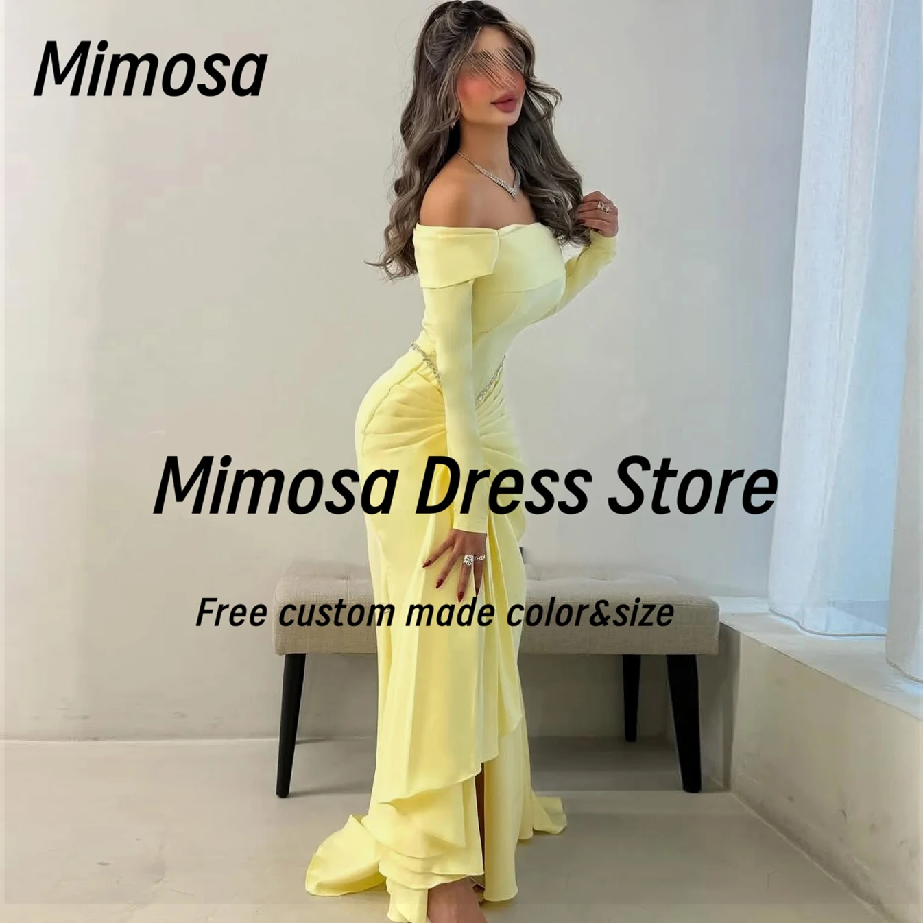 ميموزا قارب الرقبة فساتين لحضور الحفلات الموسيقية طويلة الأكمام فساتين السهرة الديكور وشاح Ruched Vestidos Des حفلة ملابس العروس فستان مخصص