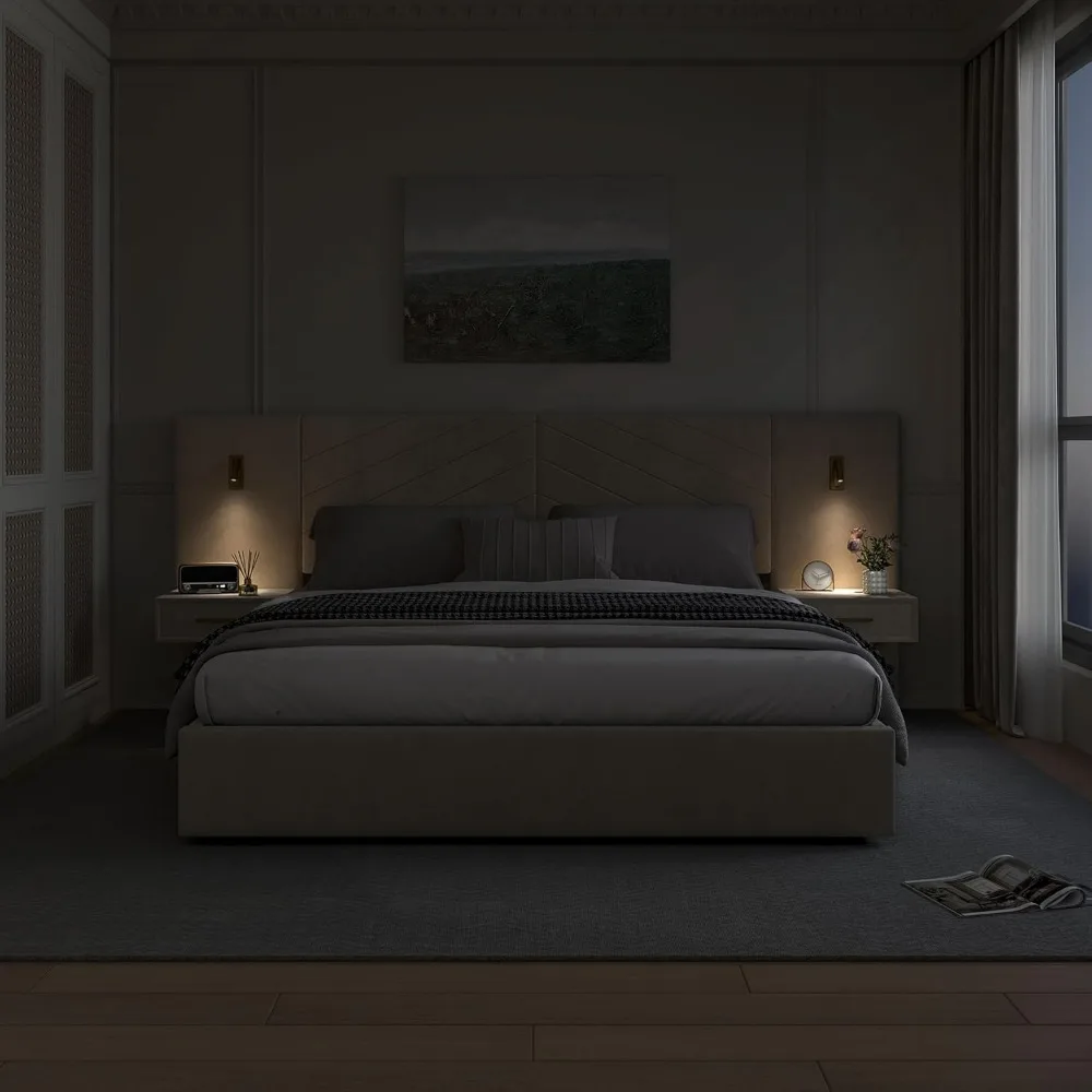 Luxury King Bed Frame with Built-in Gold LED Lights and Nightstands, King Size Platform Bed with Oversize Upholstered Headboard image 6