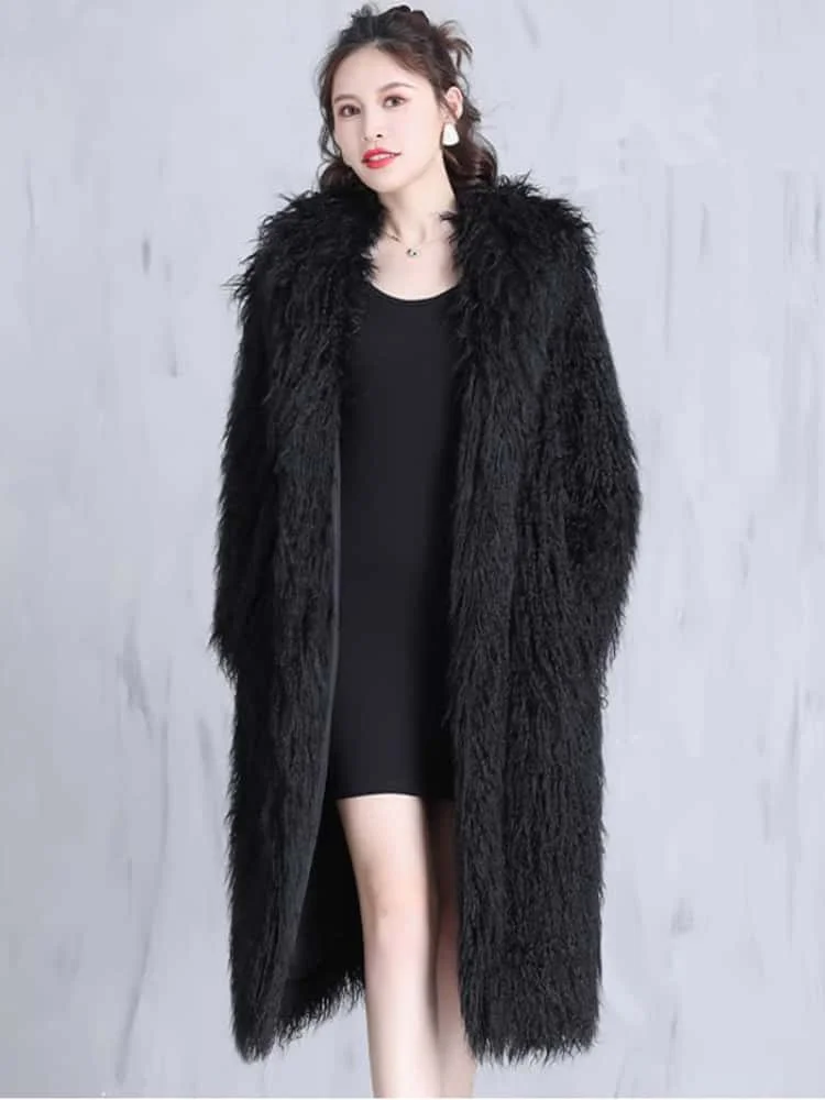 Nuevo Abrigo largo de lujo con capucha para mujer, abrigo holgado peludo de piel sintética de manga larga, abrigo grueso y esponjoso para invierno, gabardina informal