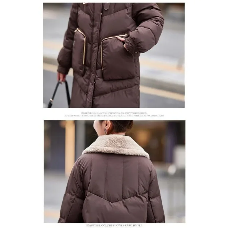 Parka longue en laine d'agneau pour femme, doudoune chaude, veste en coton rembourrée, revers optique, coupe-vent, vêtements d'hiver