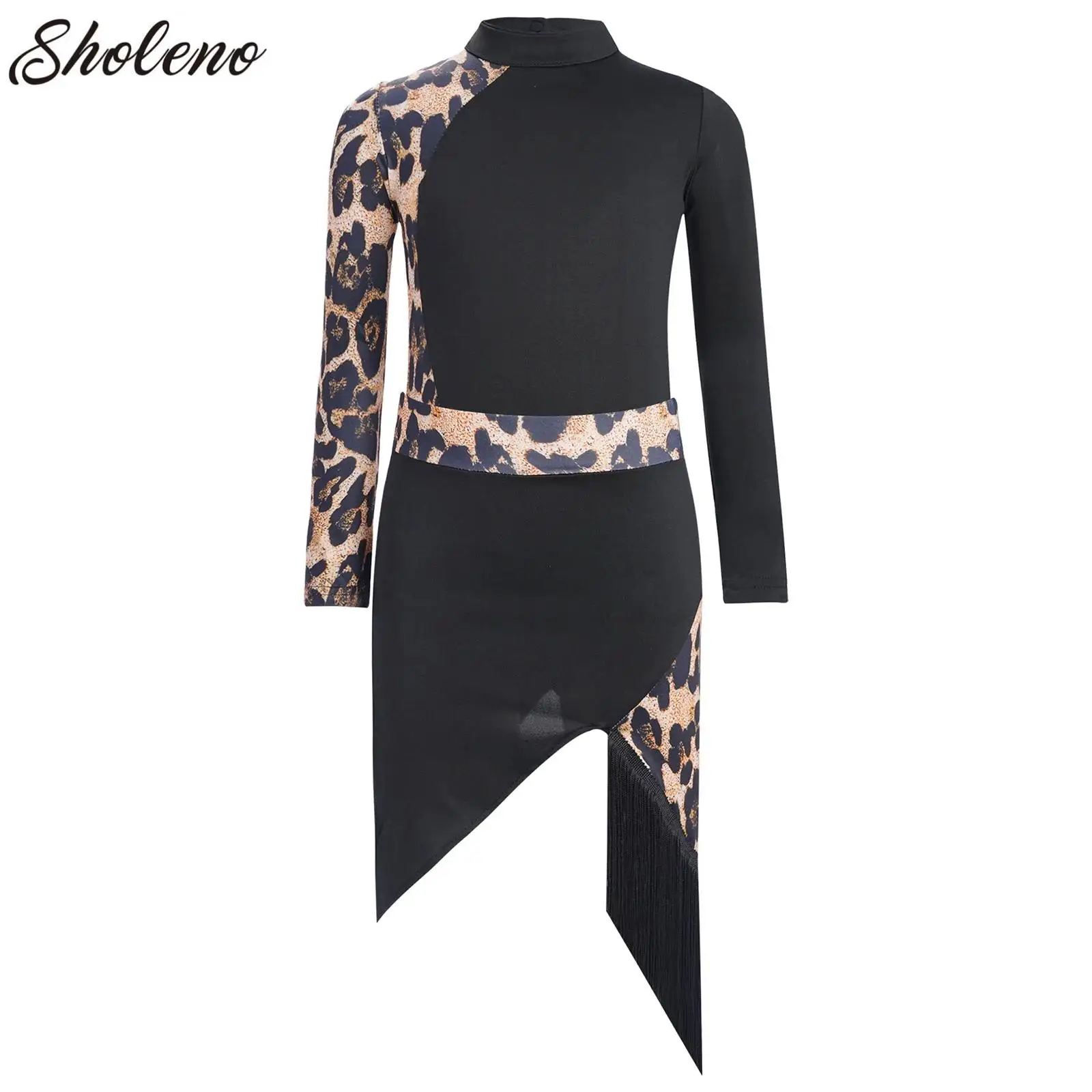 

Latin Dance Body Suit Dress Girls Kid Long Fringe Dress Tassel Leopard Print Top Skirt for Children Ballroom Samba Tango Cha Cha