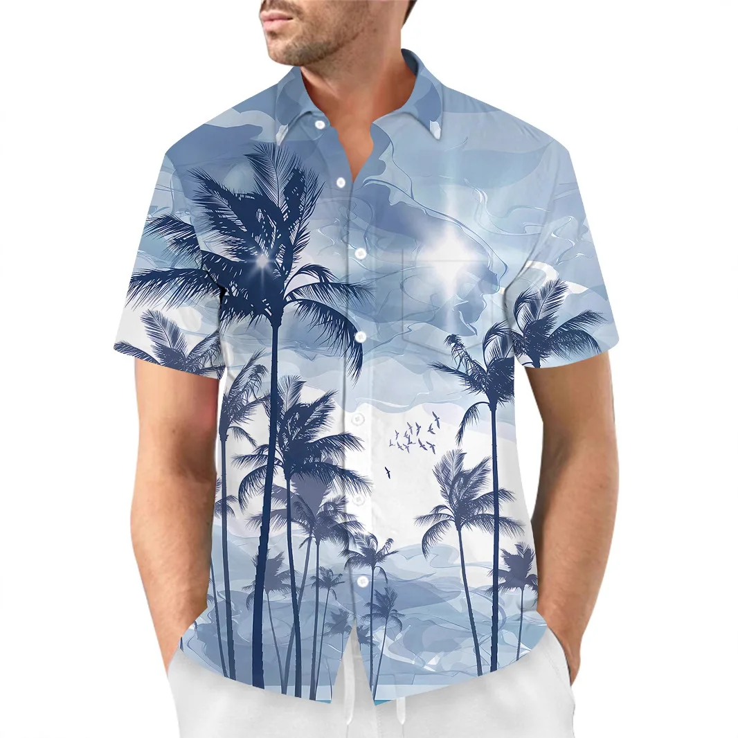 2025 Hot Selling 3D Printed Hawaiian Men's Clear New Seaside Shirt Hot Selling Flip Collar Short Sleeved Shirt