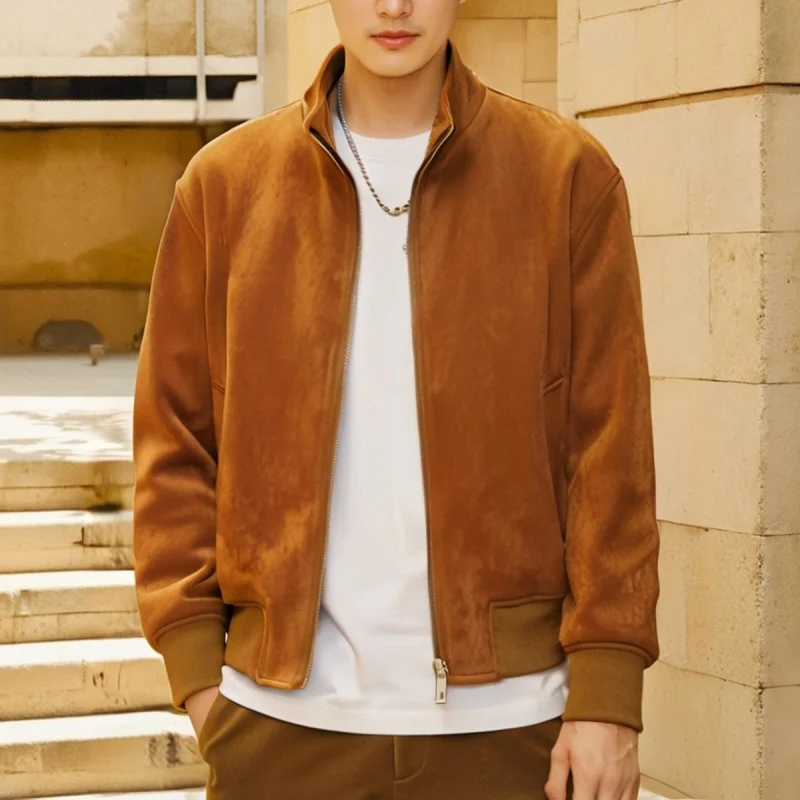 

Fall Men's Business Casual Collared Jacket in Thick Elastic Leather Velvet