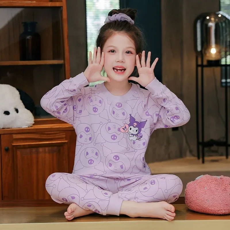 Sanrio-Conjuntos de ropa para niños, pijamas de algodón, camiseta de manga larga, pantalones, mantener el calor, ropa de dormir para niñas, otoño