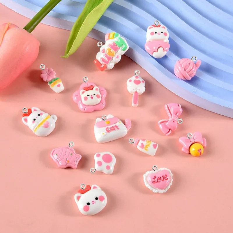 10Pcs Kawaii Mini Pink White Cat Flower Acrylic Resin Charms Pendants for DIY Phone Case Hair Jewelry Making Keychain Part Decor