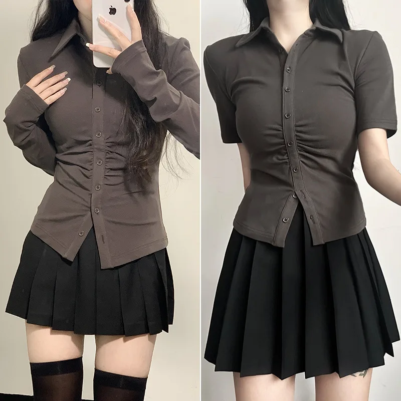 Pure Desire Style JK School Uniform Waist-cinching Shirt, Feminine Long-sleeved Grey Shirt Design, Sexy Slim-fit Top for Spring.
