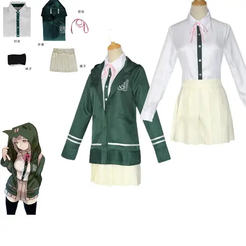 Anime Game Nanami ChiaKi Cosplay Costume Japanese JK School Uniform Skirt Green Hooded Coat  Wig Woman Halloween Costume OutfiT