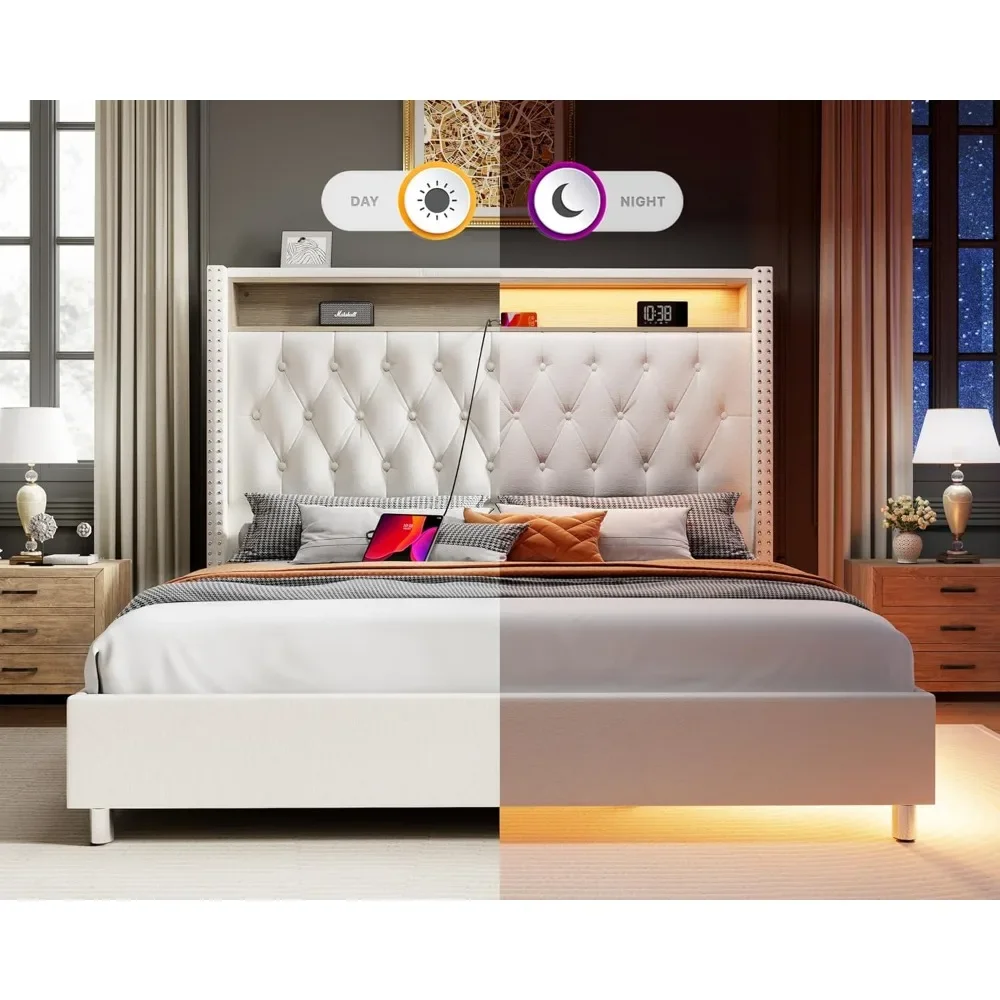 Queen Bed Frame with LED Lights Charging Station, Velvet Tall Upholstered Platform Bed Frame, No Box Spring NeededLM