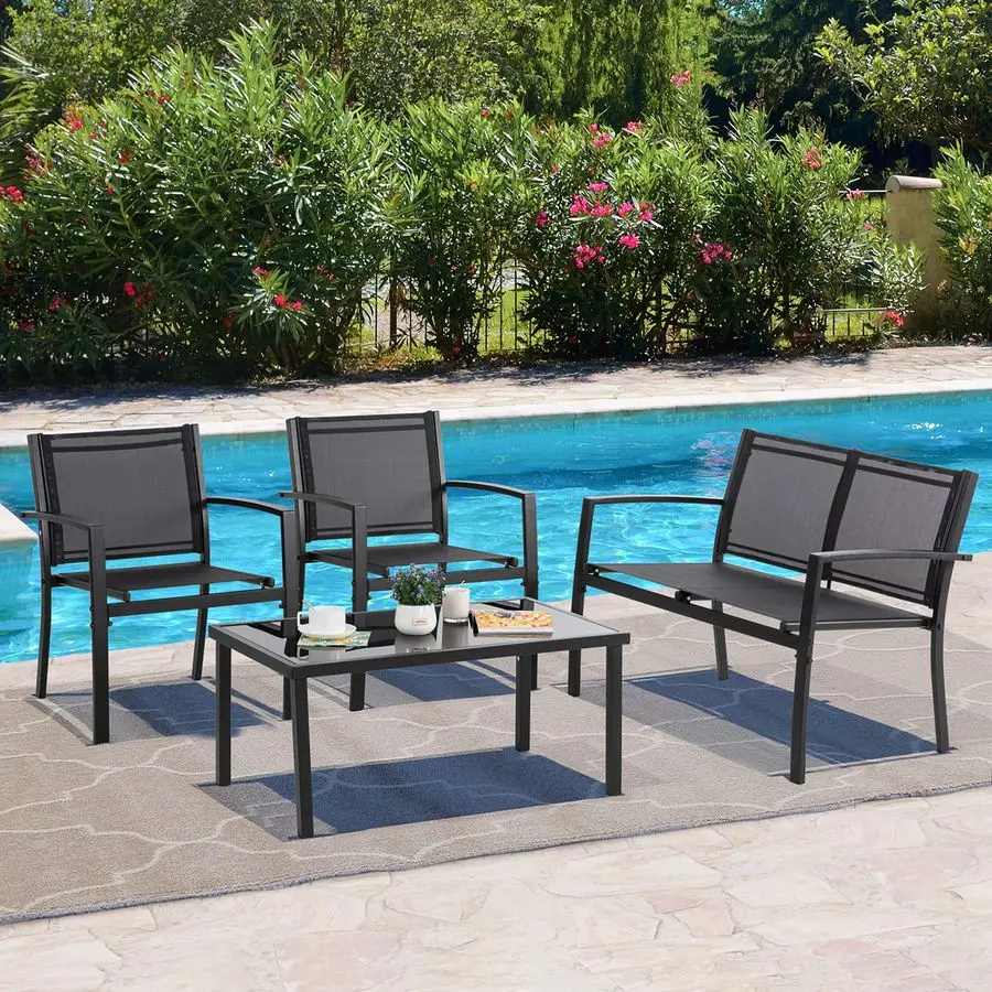 

4 Piece Outdoor Patio Furniture Sets, Modern Textilene Bistro Set Patio with Loveseat and Glass Tea Table, Conversation Set with