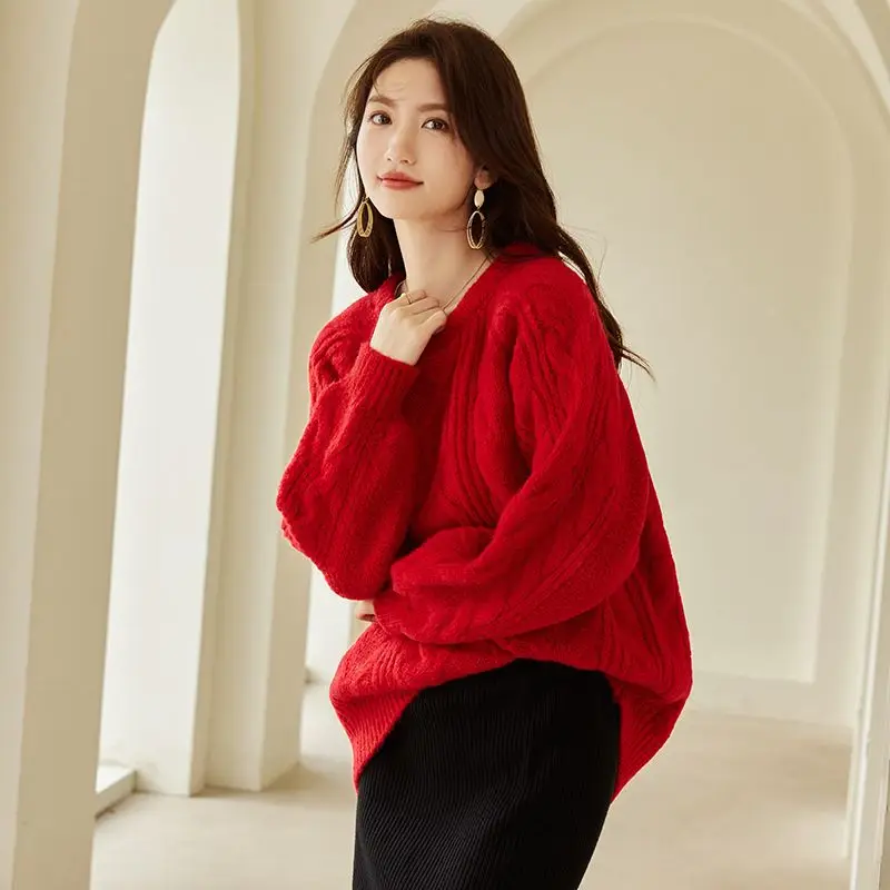 VICTORIA&VERA Women's knitted sweater simple twisted all-match sweater women 2024 autumn and winter red sweater women