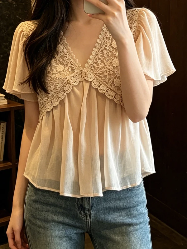 

plus Size Women's Lace Short Sleeve Shirt V-Neck Casual Commute Slimming Top Summer Fashion Gentle Style Versatile Basic