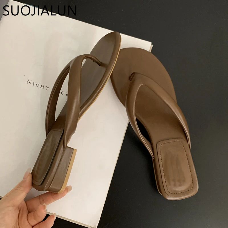 SUOJIALUN 2023 Summer Square Low Women Flip Flop Shoes Fashion Narrow Band Ladies Casual Slipper Outdoor Vaction Beach Slides Sa