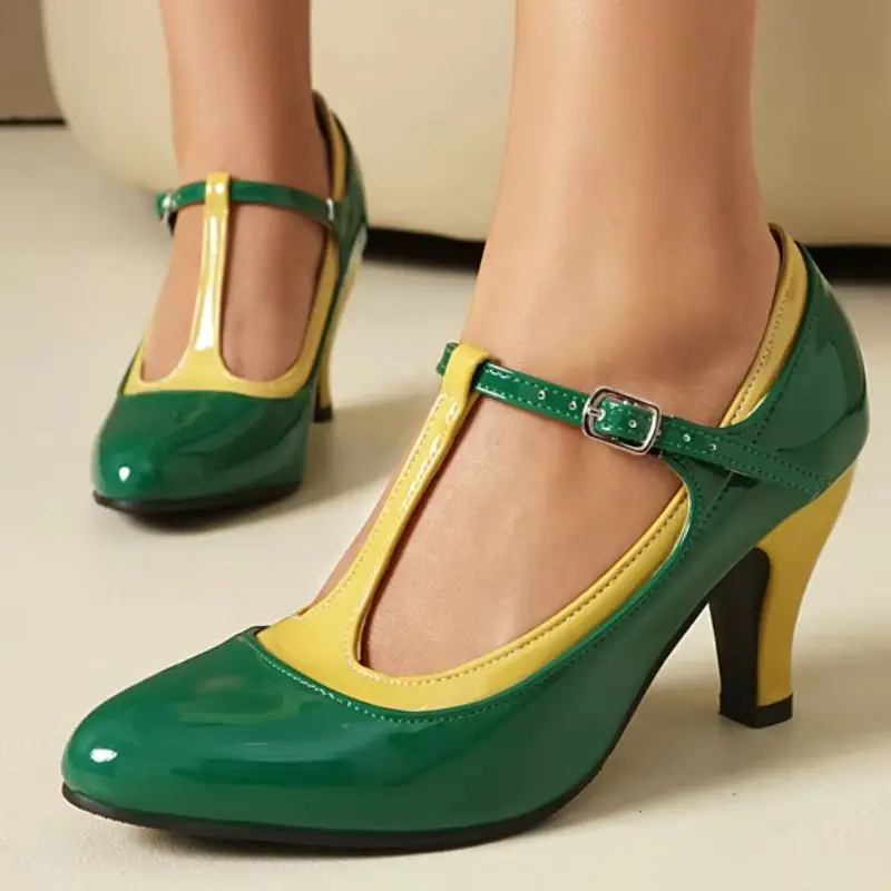 

Green Female Mary Janes Pumps Shoes Round Toe Buckle T-Strap 8cm High Heels Mixed Color Plus Size 42 43 Sweet Dating Shoes