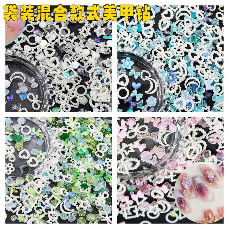 

50pcs Summer Nail Art Decorations Trendy Resin Nail Charms Mixed Aurora Bow Flower Love Rhinestones For Nails Design Accessories