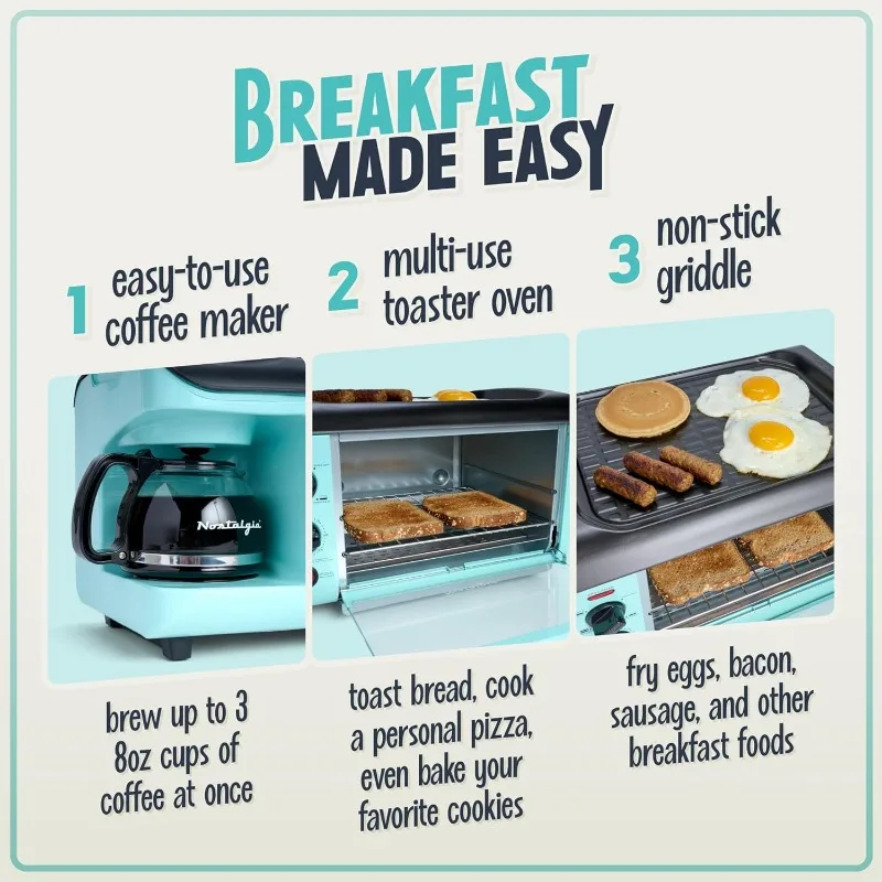 3-in-1 Breakfast Station -Non-Stick Griddle, and 4-Slice Toaster Oven - Versatile Breakfast Maker with Timer - Aqua