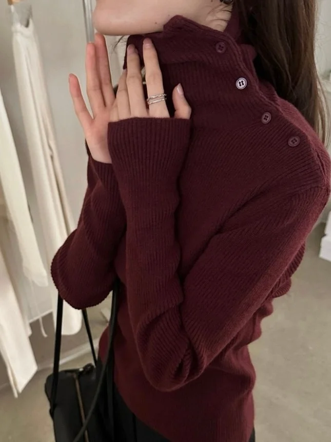Korean Sle Slim Fit High Ne Side Button Knitwear Women's Base Layer Top Striped Faionable Autumn New Arrival