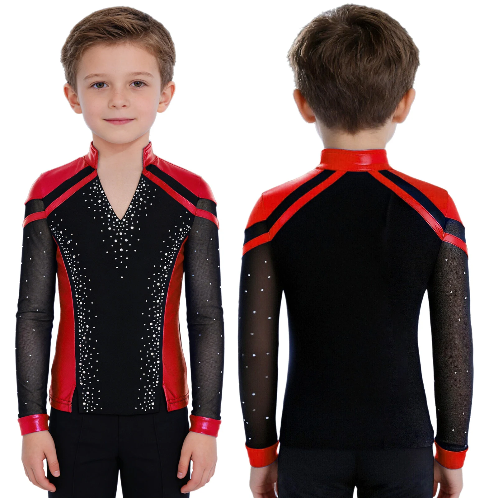 Kid Boys Figure Skating Dance Tops for Jazz Ballet Gymnastics Competition Performance Costume Mesh Long Sleeve Rhinestones Shirt image 3