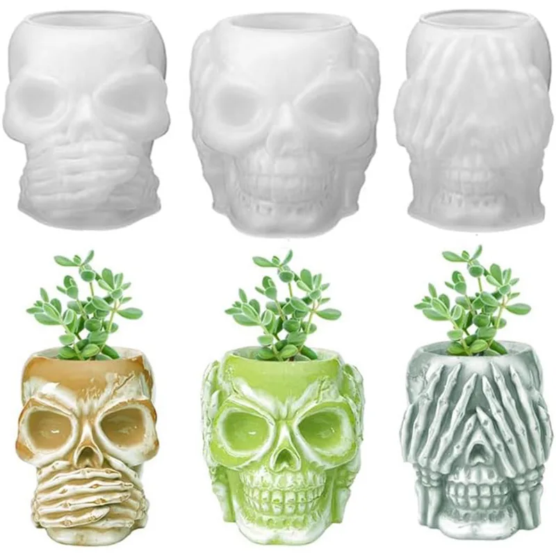 

Halloween Cover Mouth Skull Shape Flowerpot Cement Epoxy Resin Silicone Mold Planter Candle Jar Concrete Vase Decoration