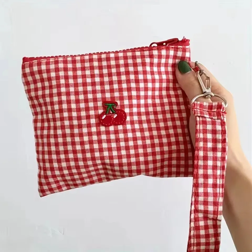 Red Cherry Canvas Makeup Bag Portable And Easy To Carry Red Plaid Large Capacity Cosmetic Lipstick Storage Bag view 4