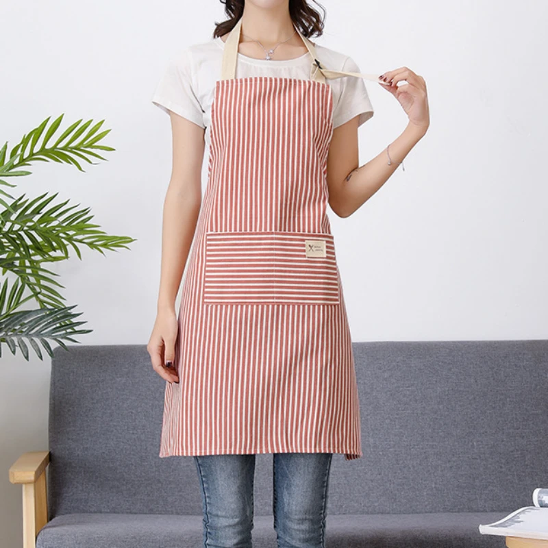 Linen Waterproof Apron Red Green Striped  Kitchen Household Adult Apron, Breathable Fashion  Kitchen Supplies