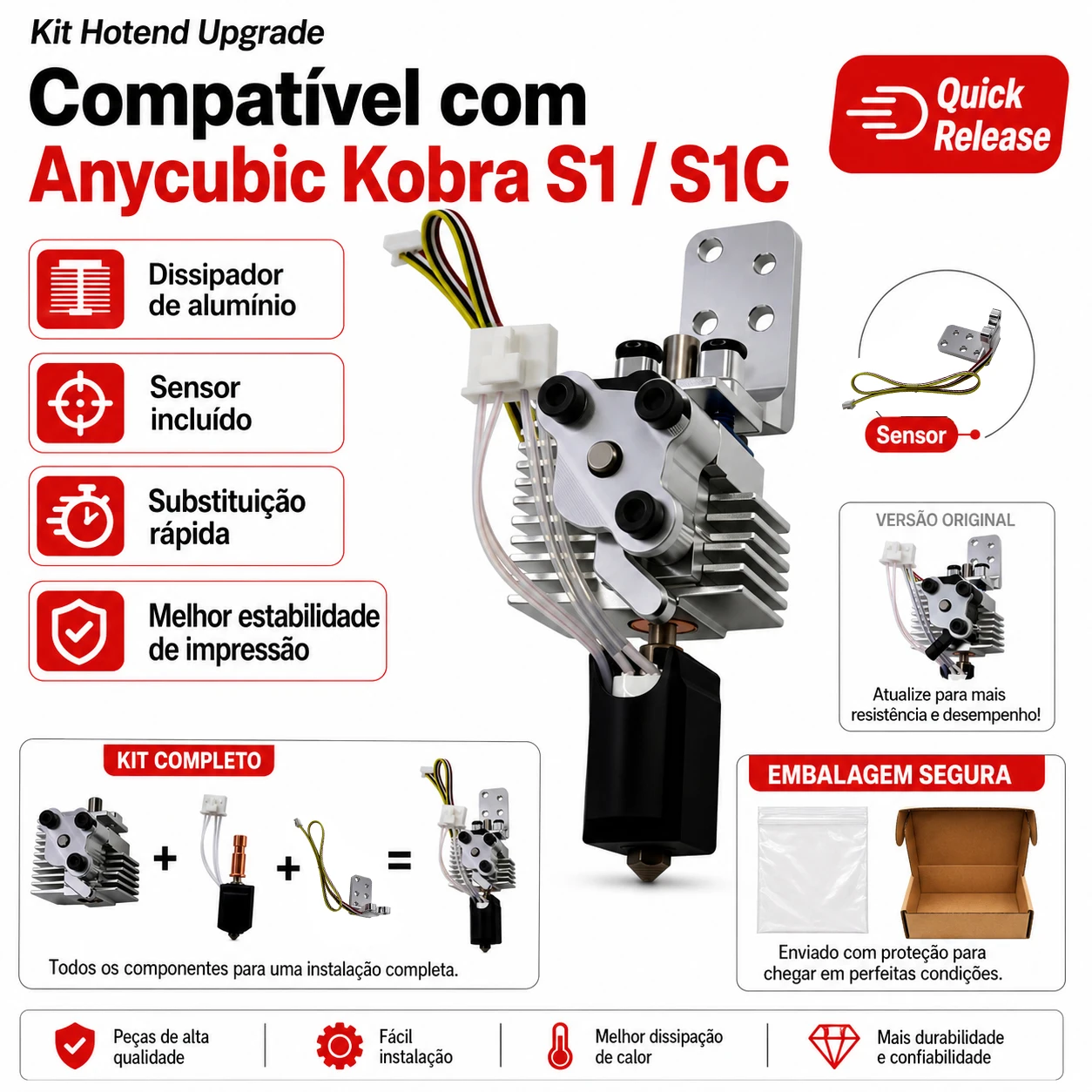 Kit de Atualização Hotend de Liberação Rápida Compatível com Anycubic Kobra S1 S1C Combo, Peças de Reposição de Sensor e Dissipador de Calor em Alumínio