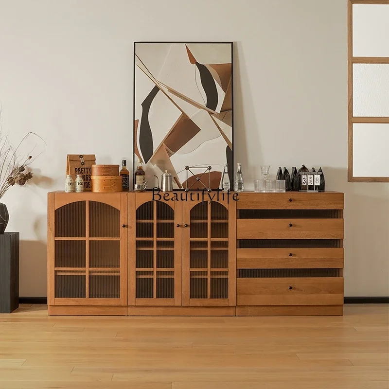 Medieval teak solid wood dining side cabinet integrated against the wall Japanese floor tea and wine cabinet