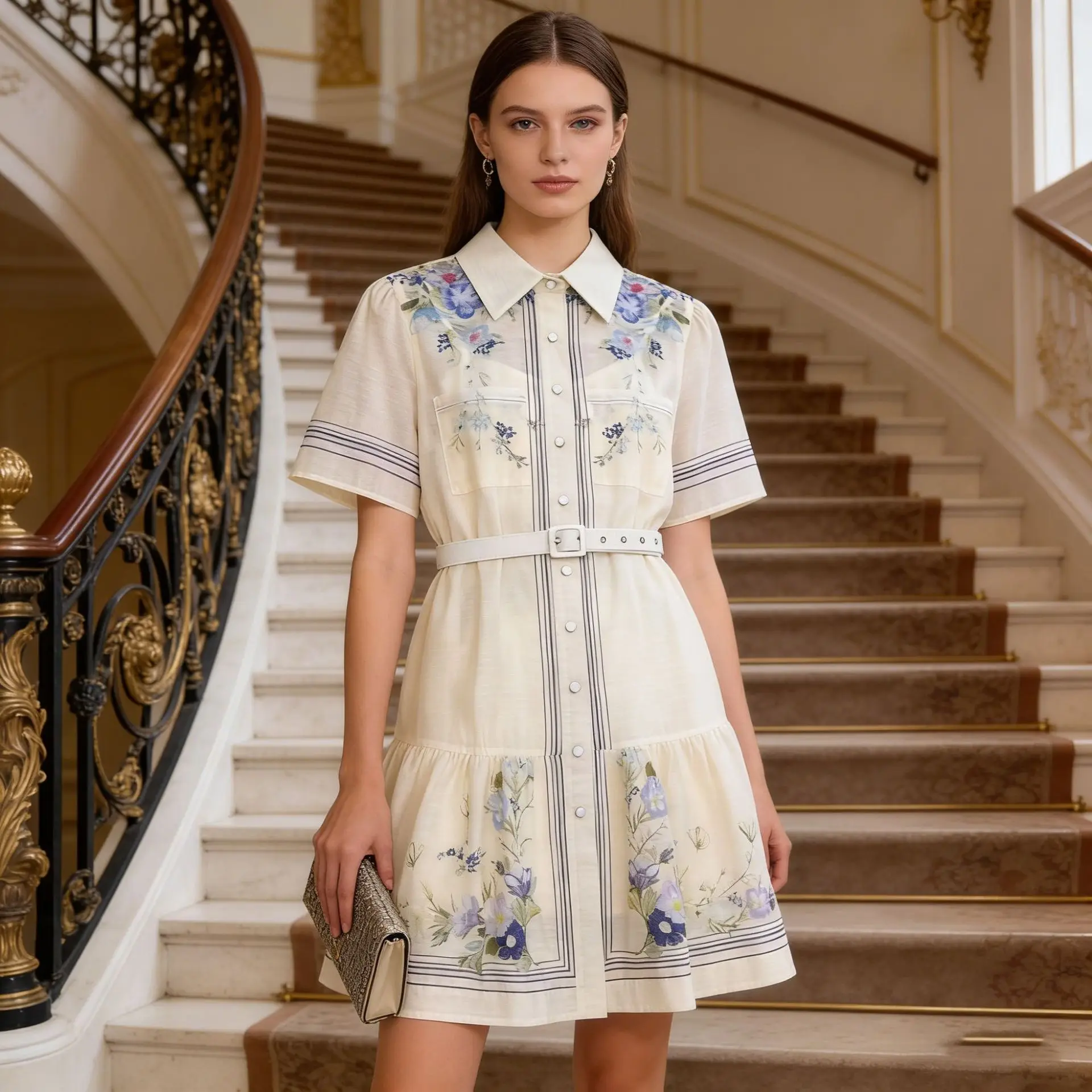

Spring 2026 Design Sense Floral Print Belted Dress Sweet Holiday Style Short Skirt Women's Fashion High Waist Polyester Short...