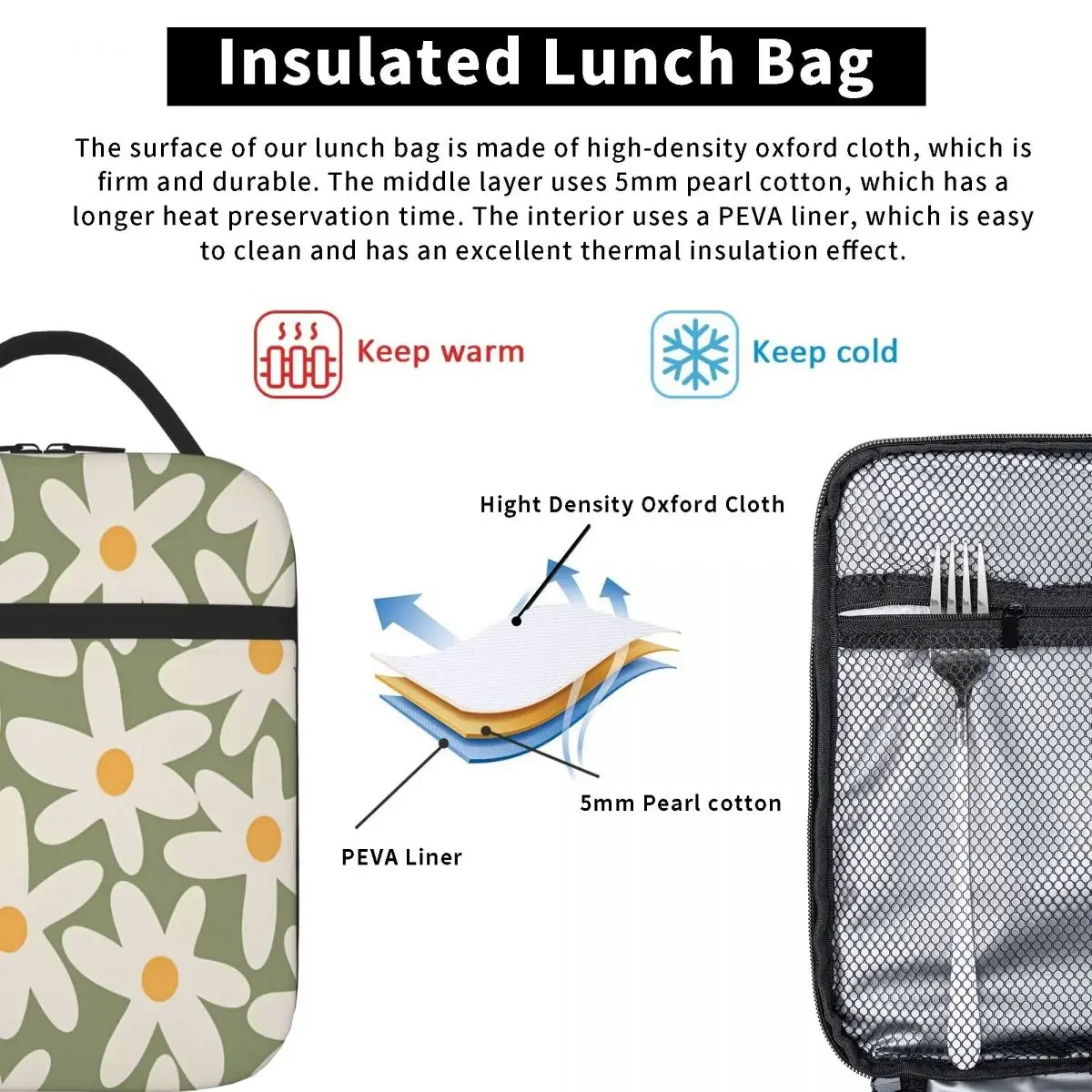 Bestselling Daisy Time Retro Flower Pattern Sage Green Beige Fruit Print Insulated Snack Tote Seaside Lunch Thermal Tote