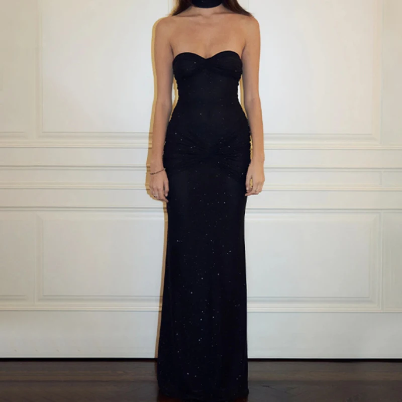 

2025 Shiny Dress Women's New Sexy Wrinkle Slimming Skirt with strapless Skirt, European and American Celebrity Dress