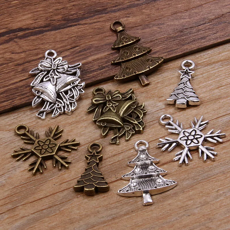 20PCS 4 Styles 2 Color Metal Zinc Alloy Christmas Flower Snowflake Tree Bell Charms Fit Jewelry Winter Pendant Necklace Makings