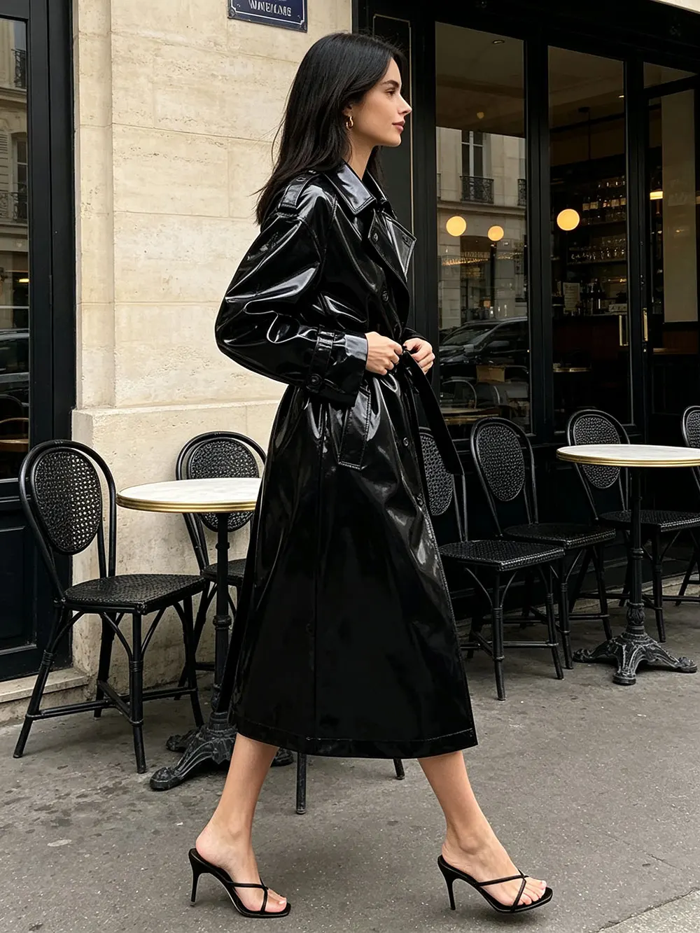 Women's Black Patent PU Leather Long Trench Coat Gothic Style Belted Overcoat Winter Outerwear Pockets Zipper Lapel 2025 Fashion