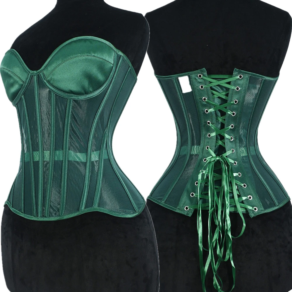 

Sexy Women Corset Bustiers Strapless With Bra Breathable Mesh Lace Up Boned Bodices Gothic Lingerie Corselet Overbust Party
